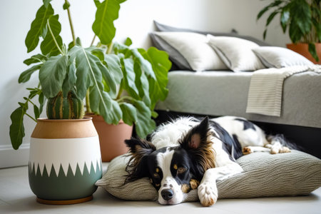 Black and white dog laying on pillow next to potted plant. Generative AI.の素材