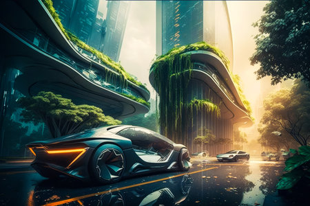 An image of futuristic car in the city. Generative AI.の素材