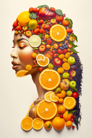 Woman with fruit on her head and fruit on her face in the shape of woman's head. Generative AI.の素材