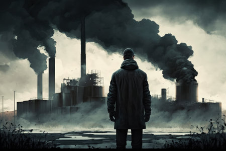 Man standing in front of factory with black smoke pouring out of the stacks. Generative AI.の素材
