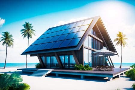House with solar panels on the roof and palm trees in the background. Generative AI.の素材