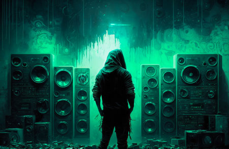 Man in hoodie standing in front of speakers. Generative AI.の素材