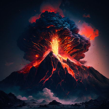 An image of volcano erupting with lava and smoke. Generative AI.の素材