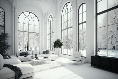 White living room with large windows and lots of snow. Generative AI.の素材