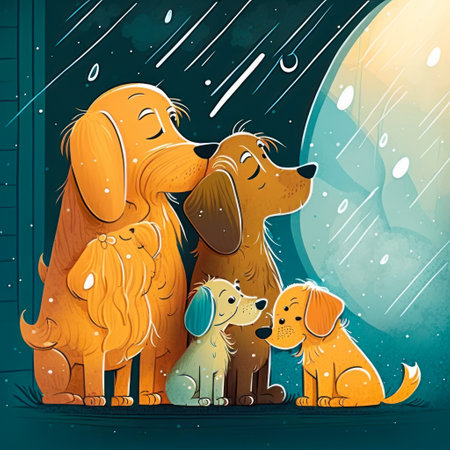 three dogs sitting in front of window. Generative AI.の素材