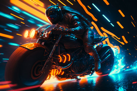 Person riding motorcycle in the dark with neon lights. Generative AI.の素材