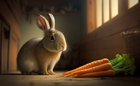 Rabbit sitting next to some carrots in front of window. Generative AI.の素材