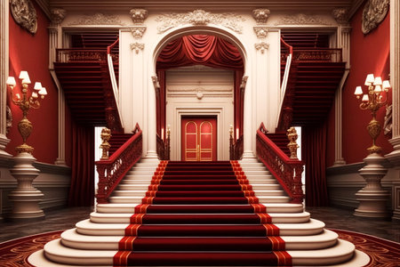 An ornate staircase in red room with red carpet. Generative AI.の素材