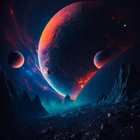 An alien landscape with two planets in the background. Generative AI.の素材