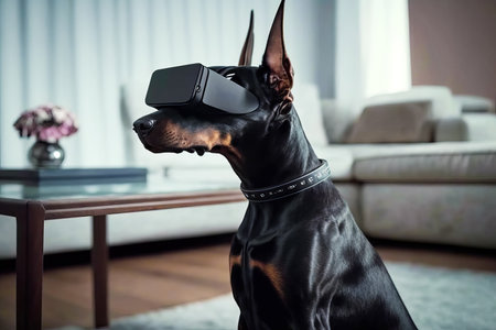 Doberman dog wearing virtual reality headset. Generative AI.の素材