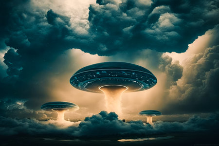An image of two flying saucers in the sky. Generative AI.の素材