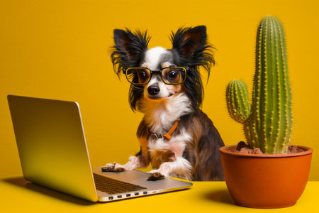 Small dog wearing glasses sitting in front of laptop with cactus in front of it. Generative AI.の素材