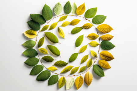 Circle made out of leaves with circle of green and yellow leaves in the middle. Generative AI.の素材