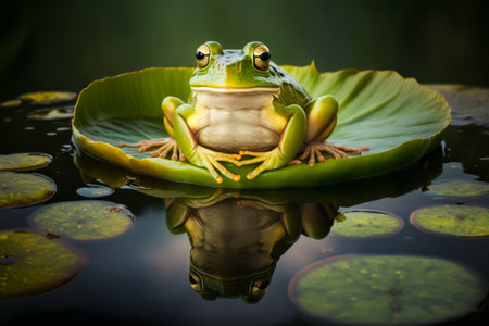 Frog sitting on top of leaf in the middle of body of water. Generative AI.の素材