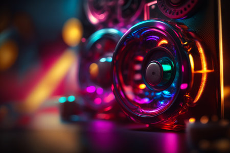 Close up of computer speaker with colorful light on the side of it. Generative AI.の素材