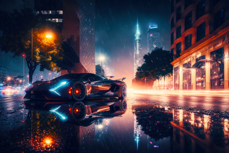 Futuristic car driving through city at night with skyscraper in the background. Generative AI.の素材