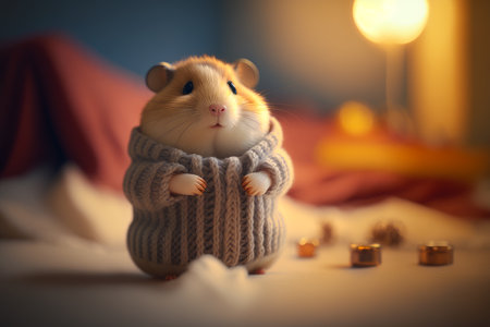 Rodent in sweater on bed with pile of gold nuggies. Generative AI.の素材