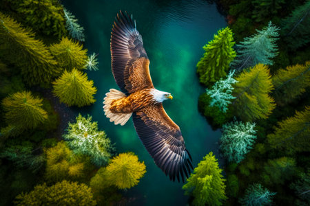 Eagle flying over body of water surrounded by green and yellow trees. Generative AI.の素材