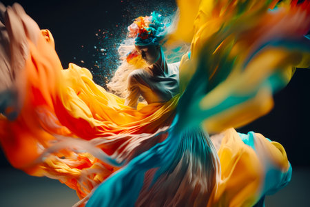 Woman wearing colorful dress and flower in her hair is flying through the air. Generative AI.の素材