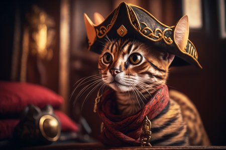 Cat wearing pirate's hat and red bandanna around its neck. Generative AI.の素材
