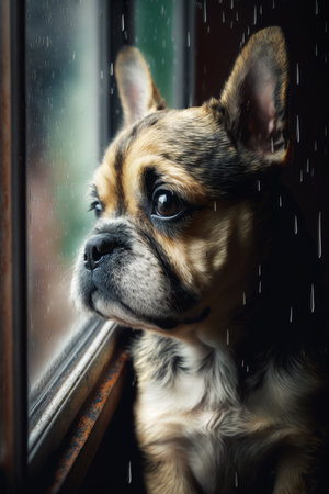 Small dog looking out of window with rain drops on it's glass. Generative AI.の素材