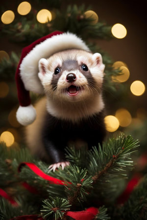 Ferret wearing santa hat on top of christmas tree with lights in the background. Generative AI.の素材