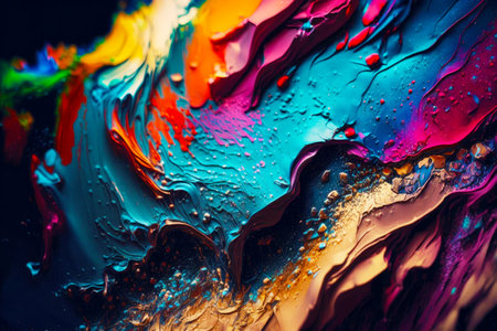 Close up of multicolored image with drops of water on the surface. Generative AI.の素材