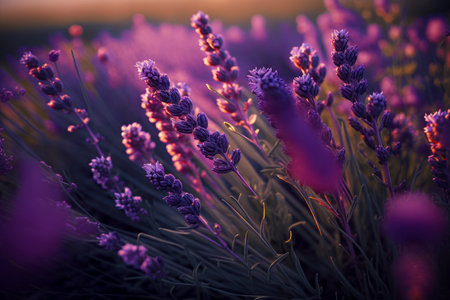 Close up of bunch of flowers with sky in the background. Generative AI.の素材