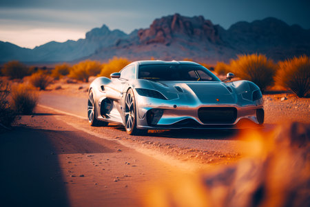 Silver sports car driving down road in the middle of desert with mountains in the background. Generative AI.の素材