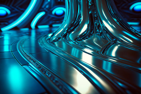 Close up of shiny surface with blue light in the middle of it. Generative AI.の素材