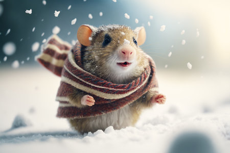 Rodent wearing scarf and scarf around it's neck in the snow. Generative AI.の素材