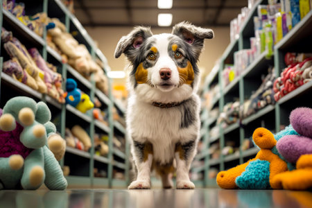 Dog is standing in the middle of store aisle with stuffed animals. Generative AI.の素材