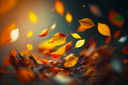Bunch of leaves flying in the air with blue sky in the back ground. Generative AI.の素材
