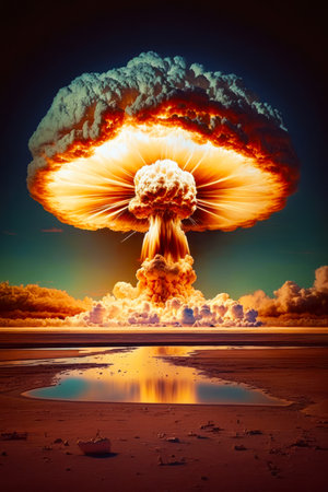 Mushroom like object in the sky with lot of clouds in the background. Generative AI.の素材