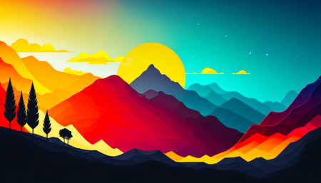 mountain range with the sun setting in the background and tree in the foreground. Generative AI.の素材
