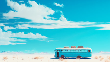 Blue bus driving through desert under blue sky with white clouds. Generative AI.の素材