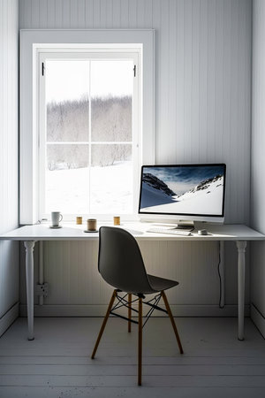 Desktop computer sitting on top of white desk next to window. Generative AI.の素材
