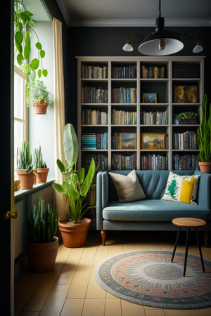 Living room with blue couch and bookshelf full of books. Generative AI.の素材
