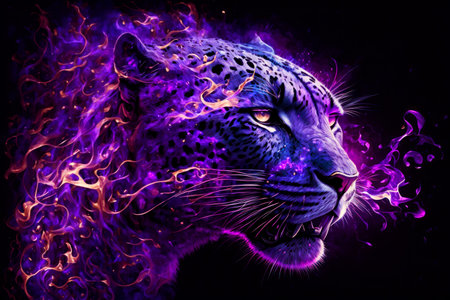 Close up of purple and black leopard's face with flames coming out of it. Generative AI.の素材