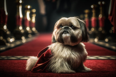 Dog sitting on red carpet in room with red carpeting and candles. Generative AI.の素材