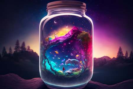 Jar filled with painting of mountain and sky filled with stars. Generative AI.の素材