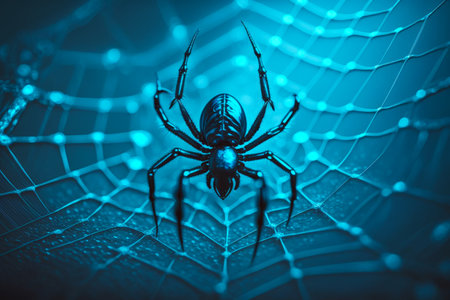 Close up of spider on web in the middle of spider web. Generative AI.の素材