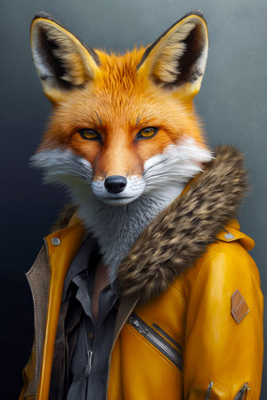 Close up of fox wearing yellow jacket and fur collar. Generative AI.の素材