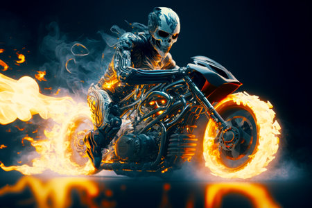 Skeleton riding motorcycle with flames coming out of the back of it. Generative AI.の素材