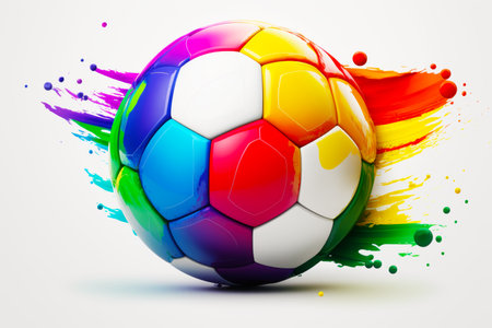Multicolored soccer ball with splash of paint on the side. Generative AI.の素材
