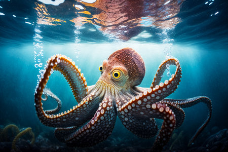 Octopus swims in the water with its head above the water's surface. Generative AI.の素材