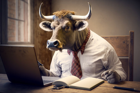 Cow wearing shirt and tie sitting in front of laptop computer. Generative AI.の素材