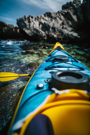 Close up of kayak in the water with rocks in the background. Generative AI.の素材