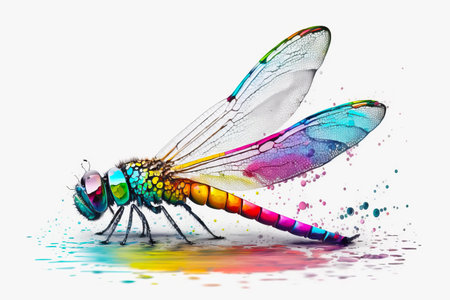 Colorful dragonfly sitting on top of puddle of water on white background. Generative AI.の素材