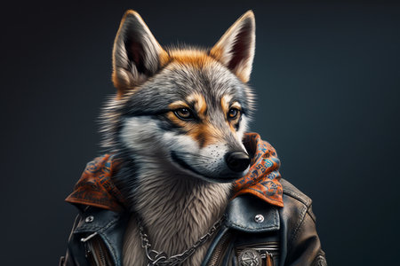 Drawing of wolf wearing leather jacket and bandanna around his neck. Generative AI.の素材